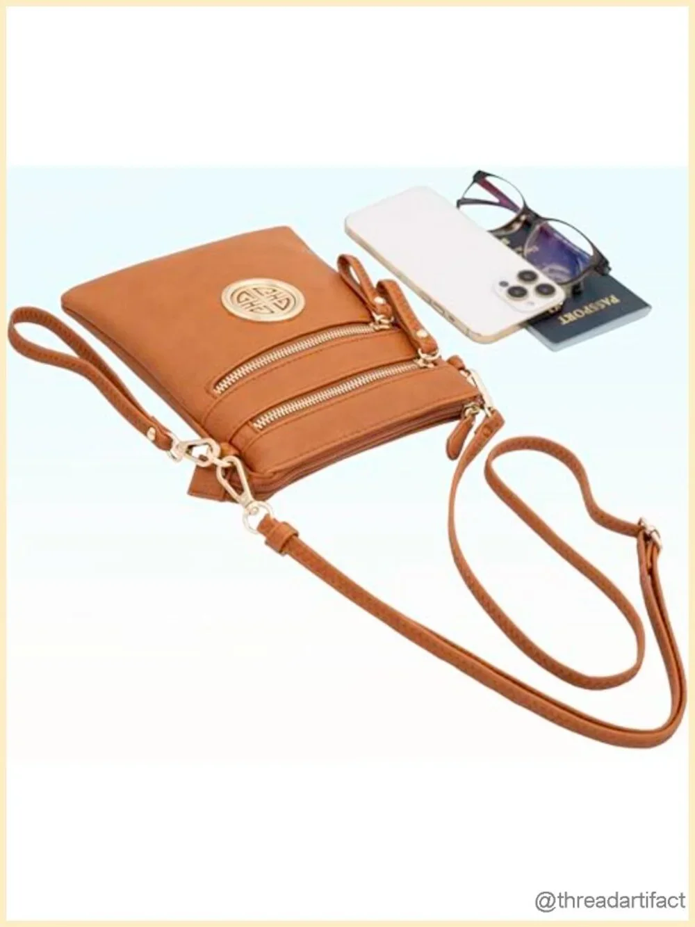 Faux Leather Crossbody Bag with Detachable Wristlet Multi Zip Pockets